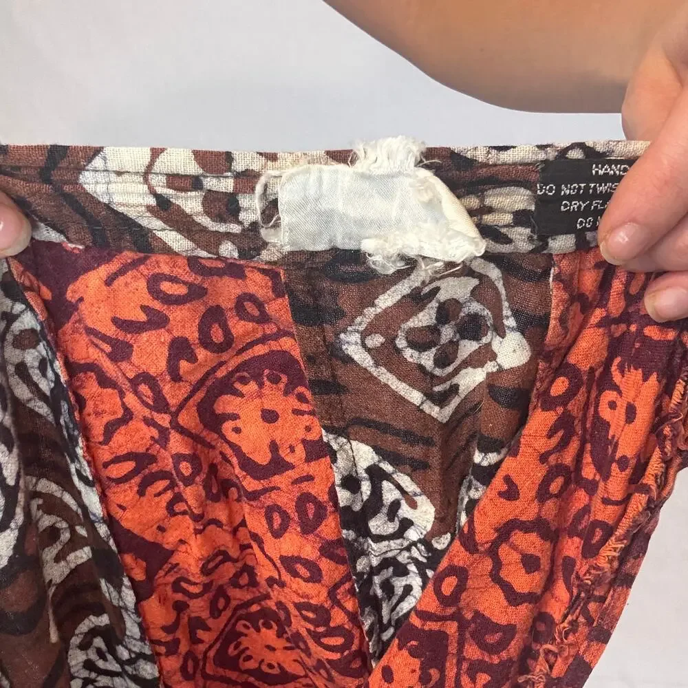 Vintage 1970s Red Brown Block Print Cotton Maxi Skirt Bias Cut Boho Swirler 25W